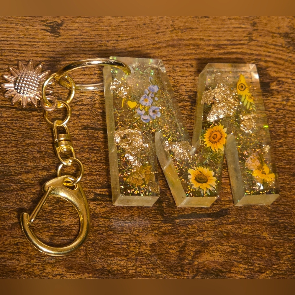 Floral Resin Keychain With Sunflowers And Butterflies. Letter M